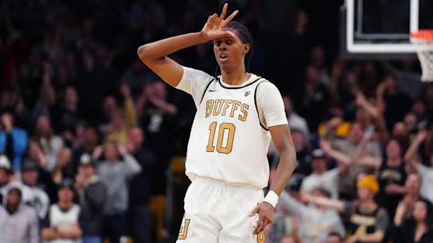 Jan 18, 2024; Boulder, Colorado, USA; Colorado Buffaloes forward Cody Williams (10) reacts after his three point basket in the second half against the Oregon Ducks at the CU Events Center